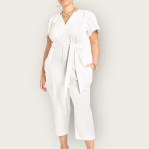 EUC | Eloquii | Button V-Neck Ruffle Sleeve Denim Jumpsuit | White | Size 22